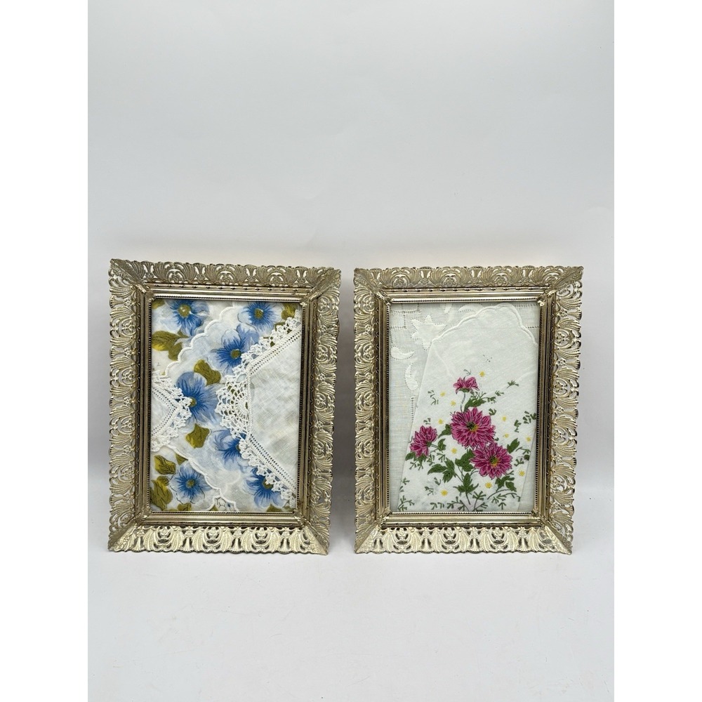 Set 2 Vintage Brass Filigree Whitewash Finish Picture Frame Embroidery 5" X 7"